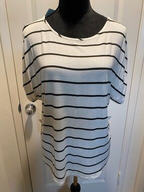 Colette Cream Short Sleeve Scoop Neck Top with Black Stripes—Stitch Fix